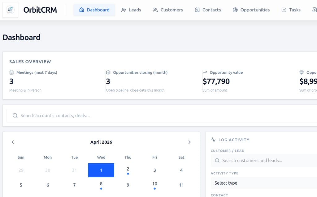 OrbitCRM dashboard with sales overview, search, calendar, and activity log